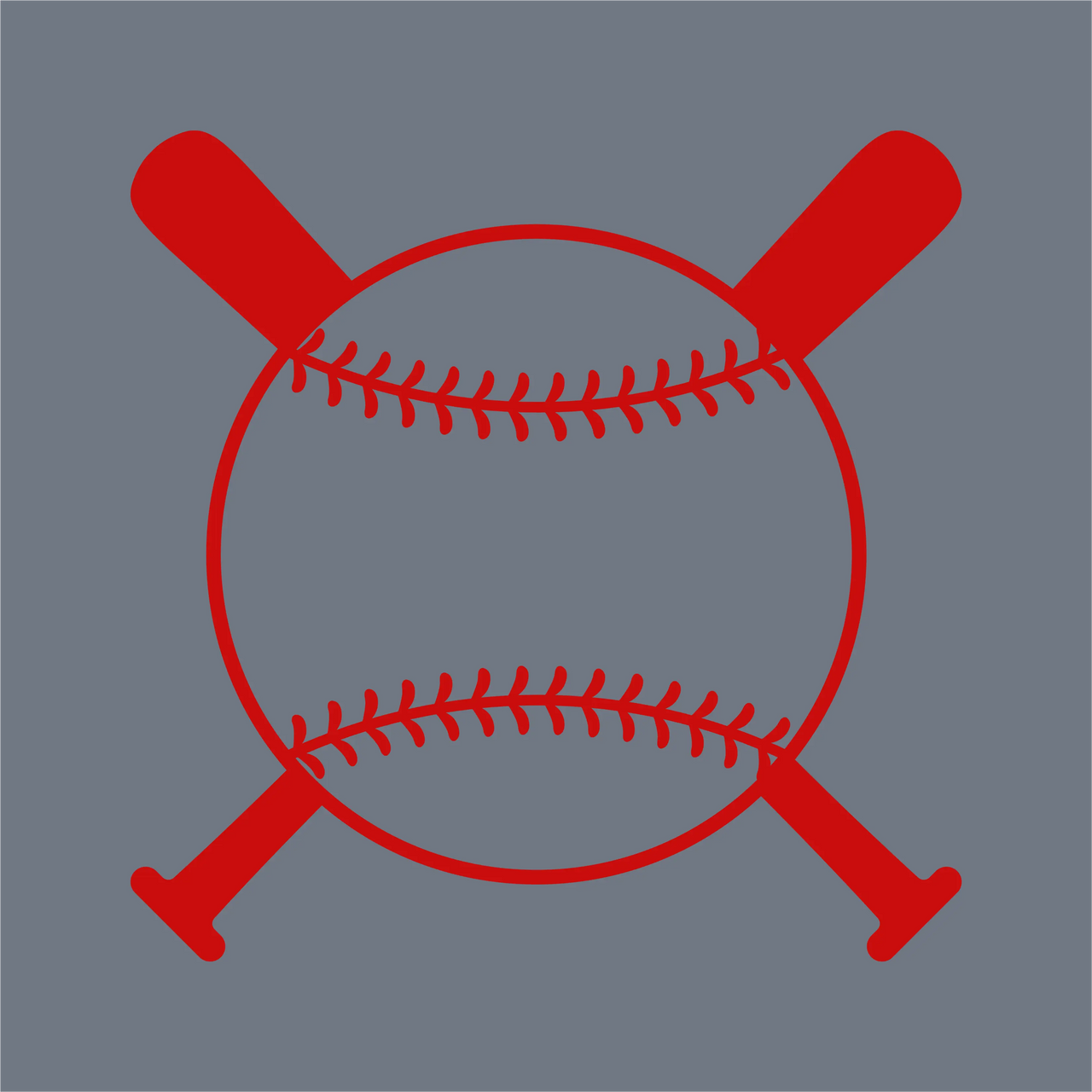 Centered on a solid gray background, a red-outline baseball with visible stitching and two crossed bats forms the InkMerge Baseball Dad Half-Stitch DTF Transfer – Ready to Press, ideal for your next baseball heat press project.