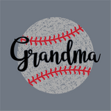 The InkMerge Baseball Grandma Vintage Script DTF Transfer features "Baseball Grandma" in vintage script over a gray baseball with red stitching on a solid gray background, ideal for precut DTF transfer projects.