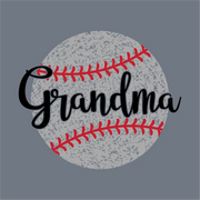 The image showcases the InkMerge Baseball Grandma Vintage Script DTF Transfer, featuring "Grandma" in bold black script on a gray baseball with red stitching against a dark gray background—ideal for any baseball-loving grandma.
