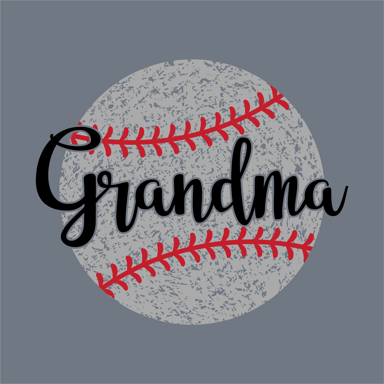The InkMerge Baseball Crest Crossed Bats DTF Transfer features bold black "Grandma" script on a red-stitched baseball with a gray textured background—ideal for your next baseball heat press project.