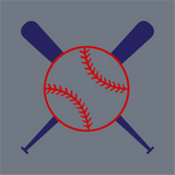 The InkMerge Baseball Icon Crossed Bats DTF Transfer features two navy bats crossed with a red-stitched baseball on a gray background—ideal for custom DTF projects or ready-to-use precut transfers.
