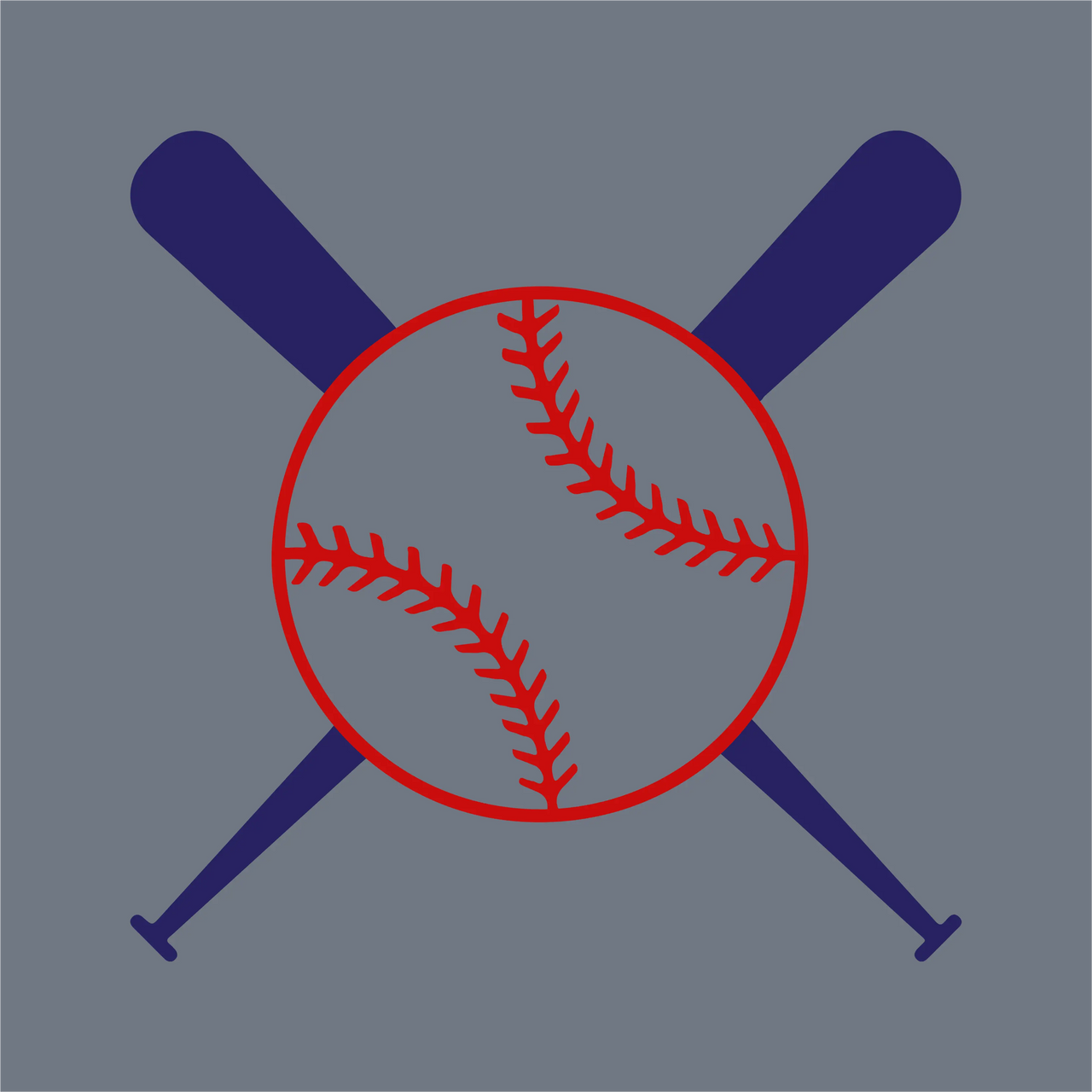 The InkMerge Baseball Icon Crossed Bats DTF Transfer – Ready to Press features two dark blue bats crossed behind a bold red and white baseball with detailed red stitching on a gray background, perfect for standout sports designs.