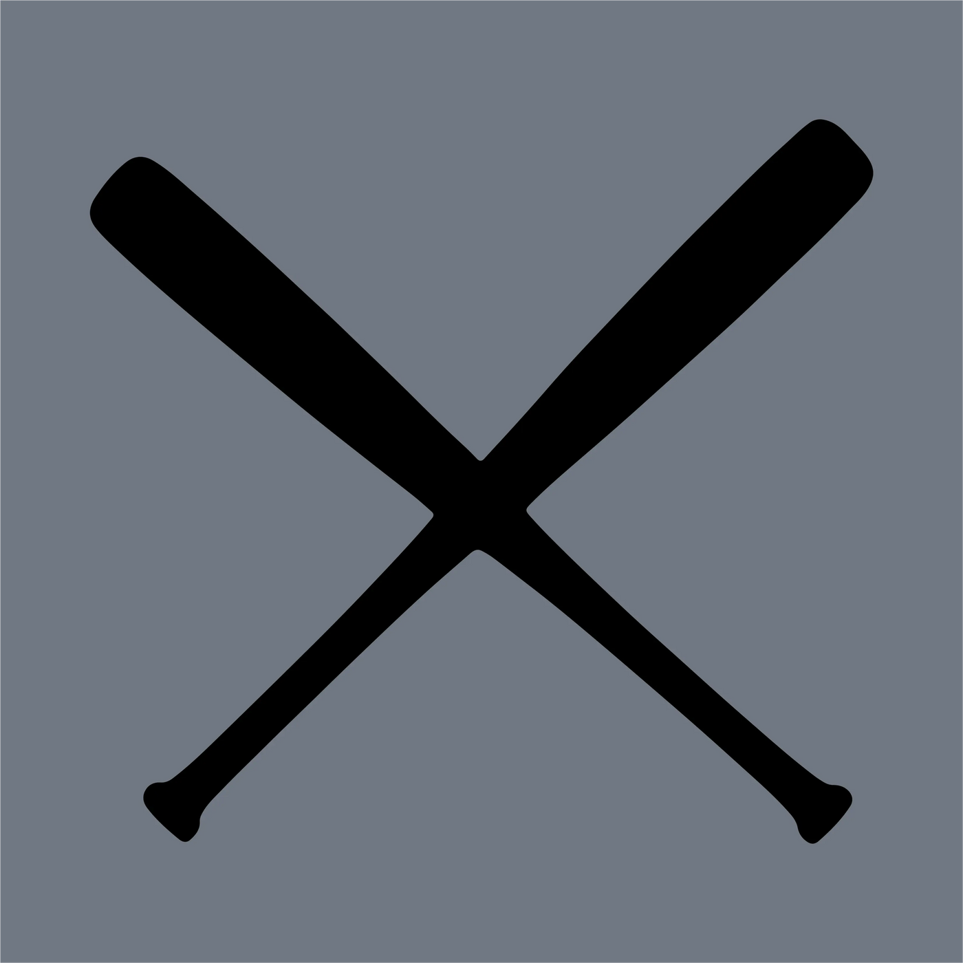 The Crossed Baseball Bats DTF Transfer by InkMerge features a black silhouette of two bats crossed in an X on a gray background—ideal for custom apparel or as a bold baseball DTF design.