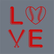 The InkMerge LOVE Baseball Heart DTF Transfer features red letters on gray with a heart-shaped baseball as the O and crossed bats for the V—perfect for heat press or Precut DTF Designs.