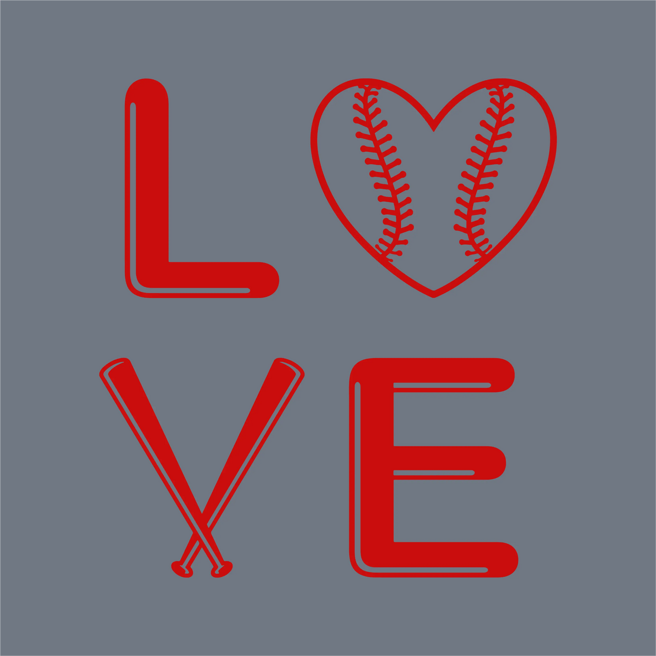 The InkMerge LOVE Baseball Heart DTF Transfer – Ready to Press features "LOVE" in red on gray, with a baseball heart as the O and crossed bats as the V—ideal for any baseball mom.