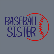 The Baseball Sister DTF Transfer by InkMerge displays bold blue "BASEBALL SISTER" text with a red curved baseball seam on the right over a gray background—ideal for precut heat press or DTF projects.