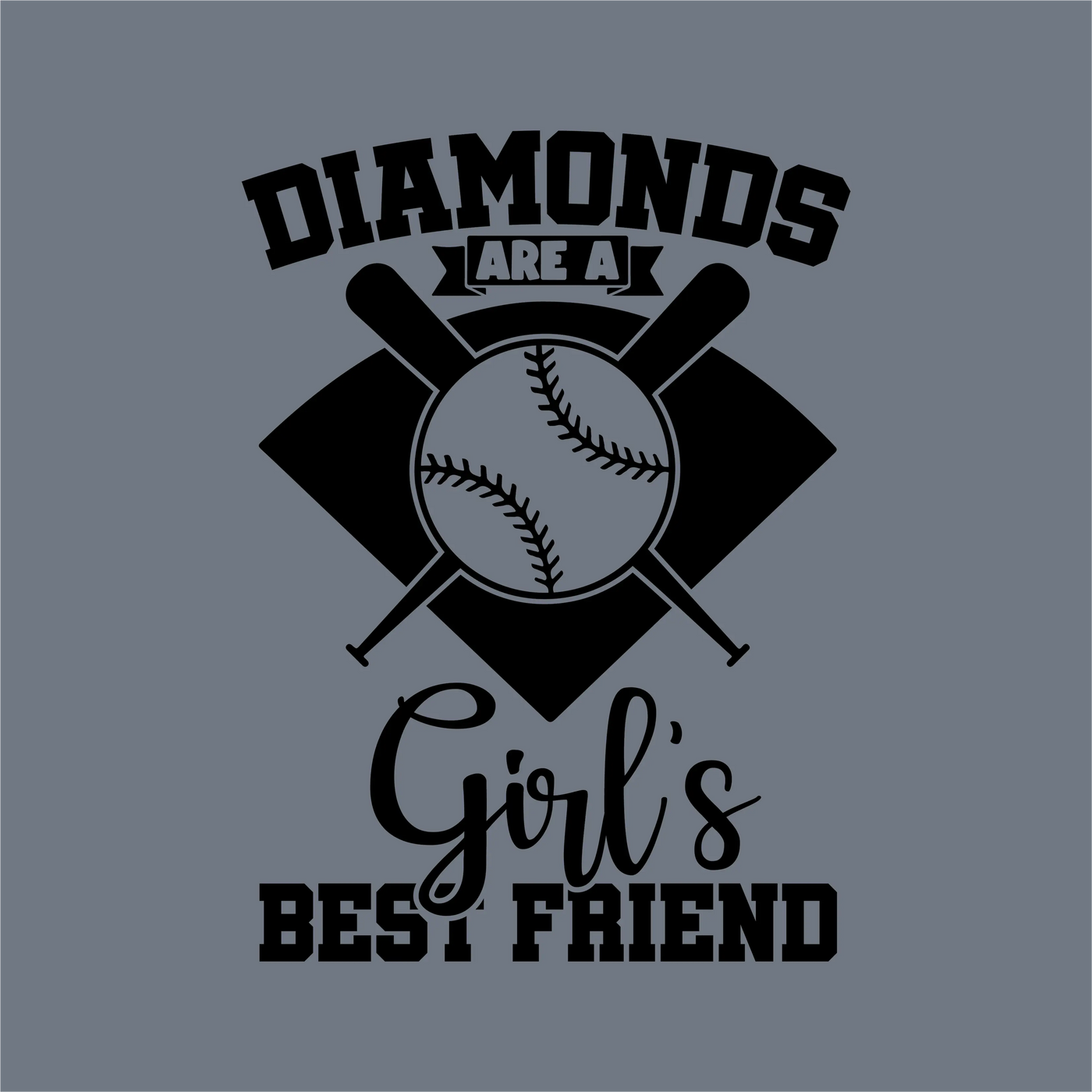 The InkMerge Diamonds Are a Girl’s Best Friend DTF Transfer features a black design on gray with a baseball, crossed bats, and diamond—ideal for premium DTF film or easy heat press transfers.