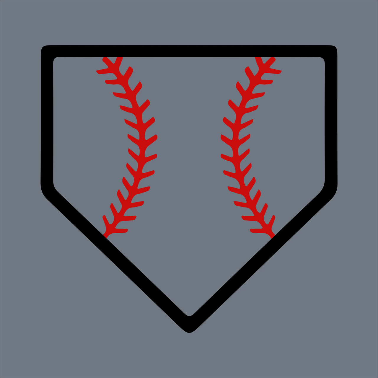 The InkMerge Home Plate Baseball Stitch DTF Transfer – Ready to Press features a black-outlined home plate with red stitching on a gray background, ideal for custom baseball projects.