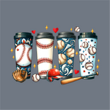 Four InkMerge Baseball Tumbler DTF Transfer designs feature baseballs, glove, bat, helmet, stars, and hearts on a gray background—perfect for decorating your tumblers with vibrant baseball-themed art.