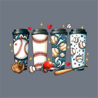 Show your love for baseball with this InkMerge Baseball Tumbler DTF Transfer – Ready to Press, featuring coffee cups decorated with bats, gloves, helmets, hearts, and stars on a gray background—perfect for baseball moms or your next project!.
