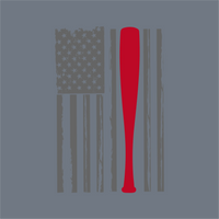 The InkMerge Flag Bat DTF Transfer – Ready to Press showcases a weathered gray US flag with a bold red baseball bat as one stripe, set on a solid gray background—perfect for unique baseball fans' gear.