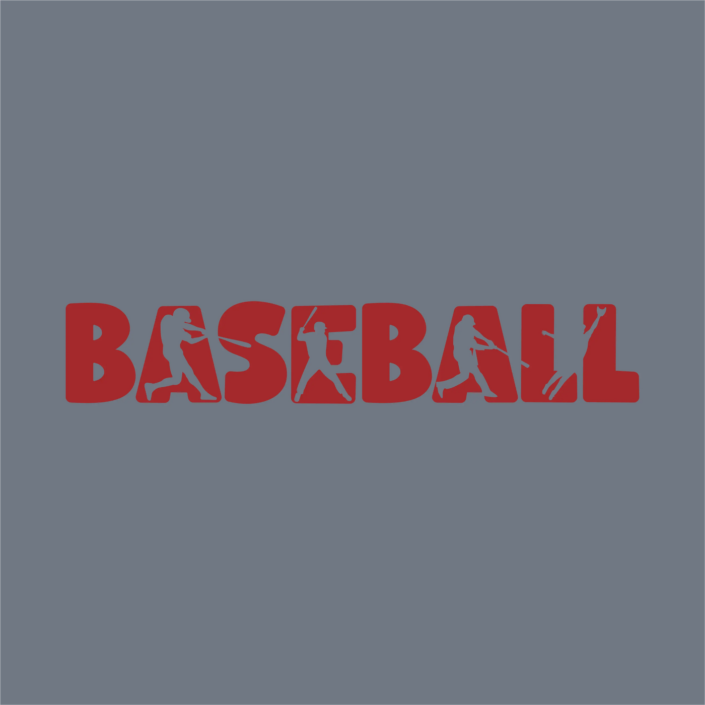 The InkMerge Baseball Silhouette Wordmark DTF Transfer features bold red "BASEBALL" letters on blue, with player silhouettes in each letter—ideal for standout heat press and DTF transfers.