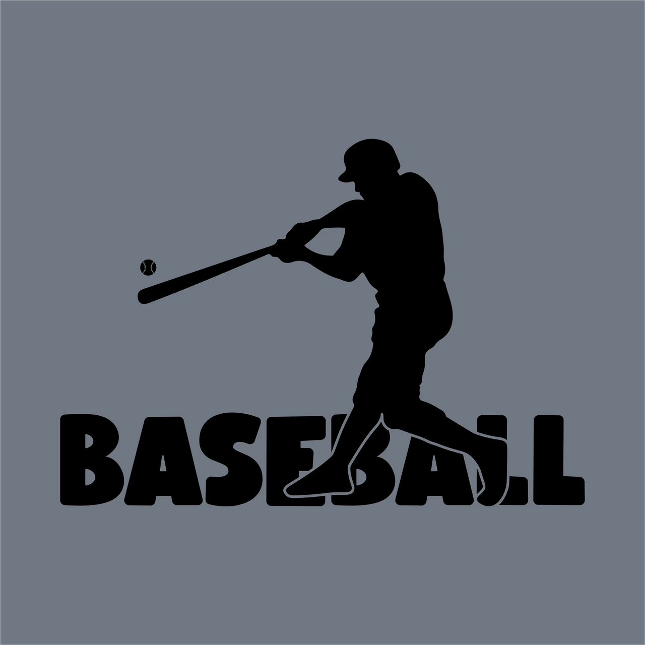 InkMerge’s Baseball Batter Silhouette DTF Transfer – Ready to Press features a bold baseball player swinging, with "BASEBALL" below on a gray background—ideal for your next heat press project.