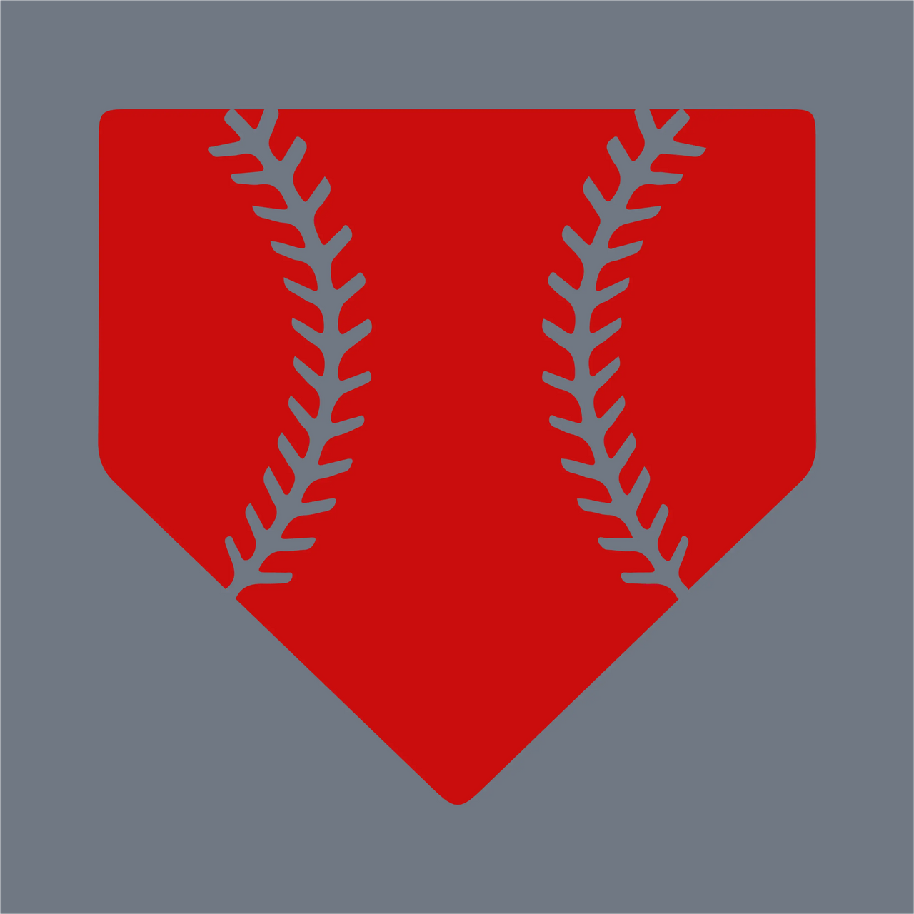 The InkMerge Home Plate Stitches DTF Transfer – Ready to Press features a bold red home plate with baseball stitching on a gray background, perfect for standout heat press designs or unique Home Plate DTF projects.