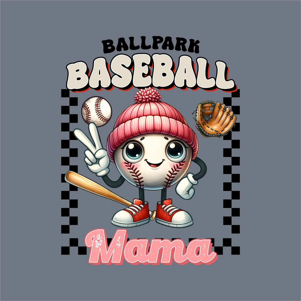 InkMerge’s Ballpark Baseball Mama DTF Transfer features a cute baseball character in a pink hat and red shoes with a bat and glove, “Ballpark Baseball Mama” text, and black checkered border—ready to press for your heat press projects.