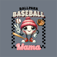 InkMerge’s Ballpark Baseball Mama DTF Transfer features a cute baseball character in a pink hat and red shoes with a bat and glove, “Ballpark Baseball Mama” text, and black checkered border—ready to press for your heat press projects.