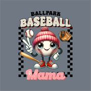 Show off your team spirit with the InkMerge Baseball Mama DTF Transfer—featuring a cheerful baseball character in a pink beanie, holding a bat, glove, and baseball beneath the “Ballpark Baseball Mama” text on a checkered background. Ideal for heat-press graphic tees or any DTF transfer project!.