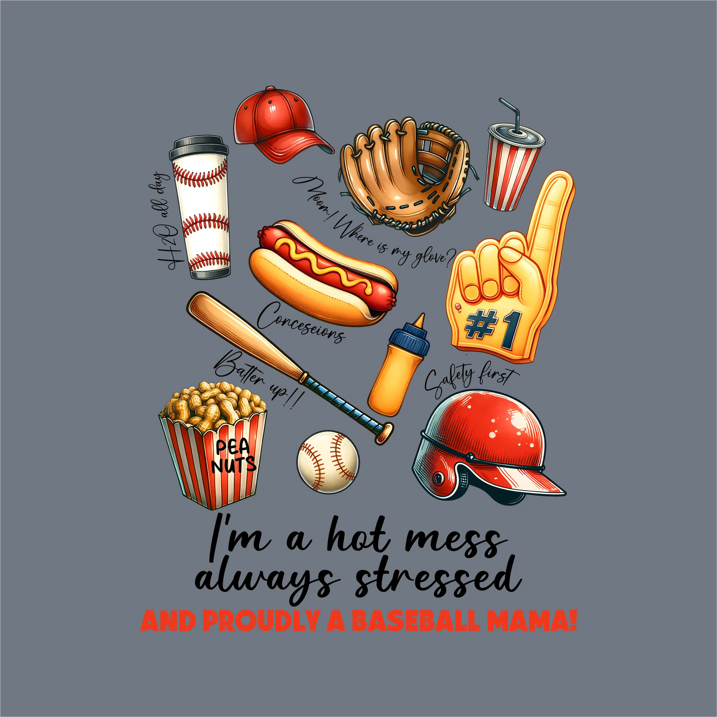 InkMerge’s Baseball Mama Hot Mess DTF Transfer features ready-to-press baseball graphics—cap, glove, bat, helmet, snacks—and fun phrases like "Hot all day" and "proudly a Baseball Mama!" Perfect for baseball-loving fans.