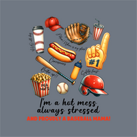Show your team spirit with the InkMerge Baseball Mama Hot Mess DTF Transfer – Ready to Press, featuring fun baseball illustrations and phrases—perfect for making a unique baseball mom shirt!.