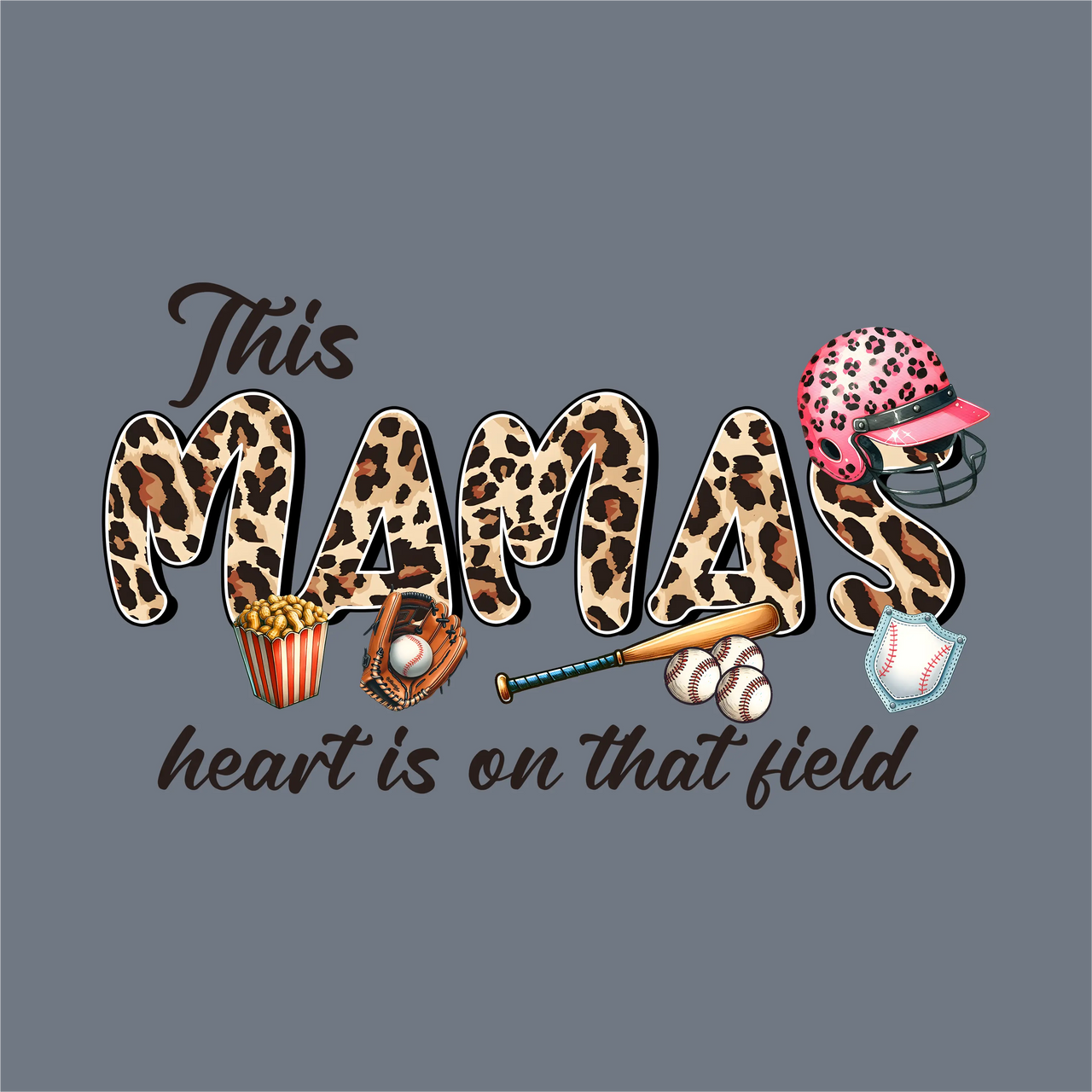 The "This Mama’s Heart DTF Transfer – Ready to Press" by InkMerge features leopard print text, a pink leopard helmet, glove, bat, popcorn, and baseballs—perfect for any baseball mom and easy to apply with a heat press.