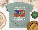 Land Of The Free Because Of My Hero graphic tee in Bay