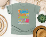 Books Snacks Repeat Homeschool Life graphic tee in Bay