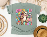 Off To Help Tiny Humans Do Big Things Sloth graphic tee in Bay