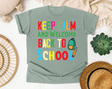 Keep Calm And Welcome Back To School Backpack graphic tee in Bay