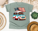 Patriotic Van With Flag graphic tee in Bay