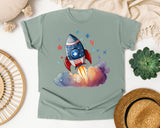 Rocket Launch With Stars graphic tee in Bay