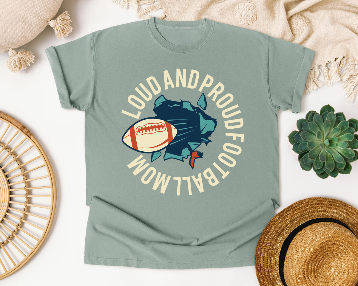 Loud And Proud Football Mom Circle graphic tee in Bay
