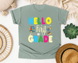 Hello First Grade Sneakers graphic tee in Bay