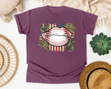 Baseball Lips Camo American Flag graphic tee in Berry