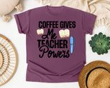Coffee Gives Me Teacher Powers Pen graphic tee in Berry