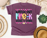 Watch Out Pre-K Here I Come graphic tee in Berry