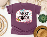 First Grade Scallop Bow graphic tee in Berry