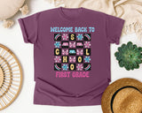 Welcome Back To School First Grade graphic tee in Berry