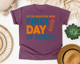 First Day Of School Let The Adventure Begin White graphic tee in Berry