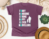 Funny Handsome Strong Happy Clever graphic tee in Berry