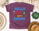 Hello First Grade Trophy graphic tee in Berry