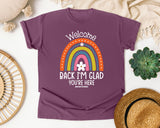 Welcome Back I'm Glad You're Here graphic tee in Berry