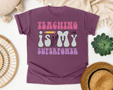 Teaching Is My Superpower Retro graphic tee in Berry