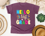 Hello First Grade Sneakers graphic tee in Berry