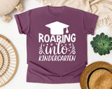 Roaring Into Kindergarten White 2 graphic tee in Berry