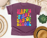 Happy First Day Of School Groovy graphic tee in Berry
