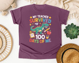 My Teacher Survived 100 Days Of Me Dinosaur graphic tee in Berry
