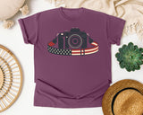 Patriotic Camera Strap graphic tee in Berry