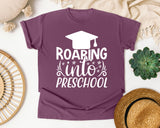 Roaring Into Preschool White 2 graphic tee in Berry