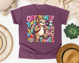 Off To Help Tiny Humans Do Big Things Sloth graphic tee in Berry