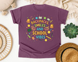 Backpacks Smiles And School Vibes graphic tee in Berry